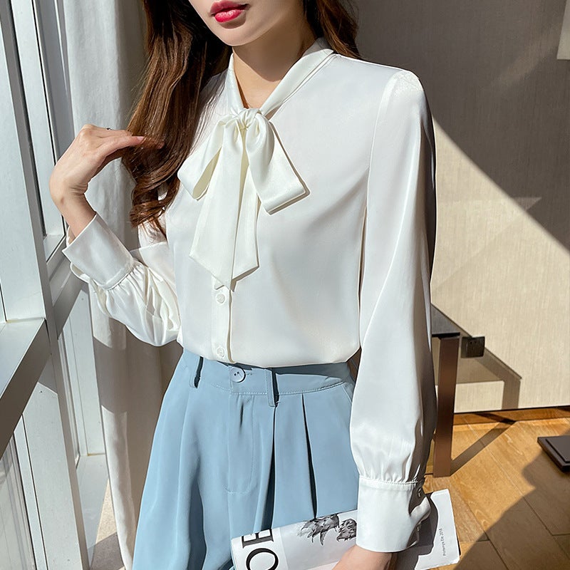 Real S Of 2025 Autum White Ribbon Shirt For Women Satin Long-Sleeved Draped Work Clothing Versatile Fashionable Foreign Style Top For Women - Image 2